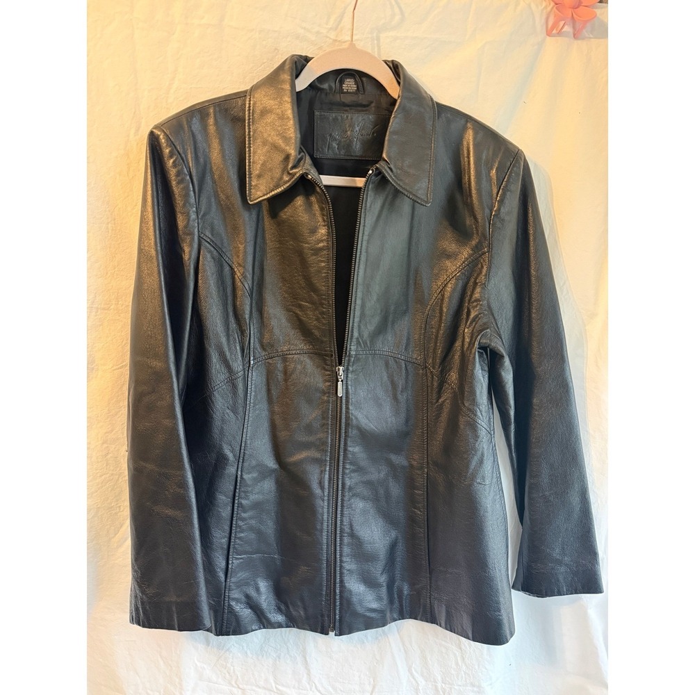 Jacqueline Ferrar Black Leather Jacket Womens Large Full Zip Collared Coat L